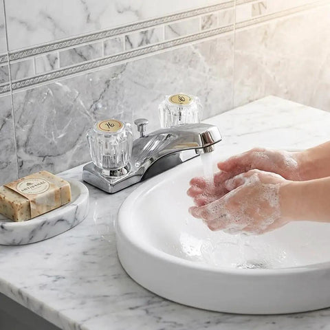 Clear Acrylic Faucet Handles Replacement Kit Two Pack With Screwdriver For D Shaped Stems Universal Fit installed on sink faucet