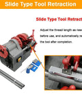 Heavy Duty Electric Pipe Threader And Cutter Machine 1/2 To 2 Inch NPT With Self Oil System 750W showing slide type tool retraction feature.