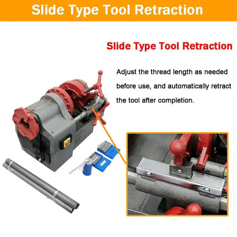 Heavy Duty Electric Pipe Threader And Cutter Machine 1/2 To 2 Inch NPT With Self Oil System 750W showing slide type tool retraction feature.