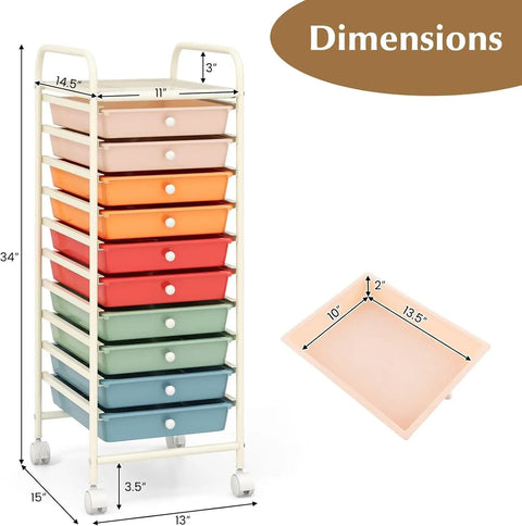 Rolling Utility Cart With Ten Drawers, Lockable Wheels, Easy Grab Handles, featuring colorful drawers and dimensions view.