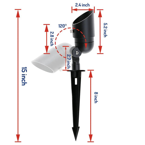 Diagram of Low Voltage 4W LED Landscape Lights 8 Pack Waterproof Outdoor Spotlights, showing dimensions and adjustable head.
