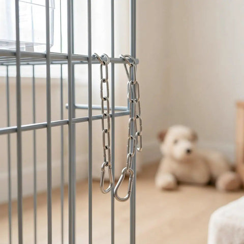 Chain Link Gate Latch with Double Carabiner Ends Stainless Steel hanging on a metal fence, showcasing durable construction.