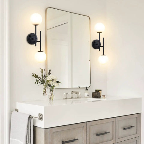 Two Light Modern Matte Black Vanity Lights With White Globe Glass Shades Industrial Farmhouse Wall Lamp in bathroom setting