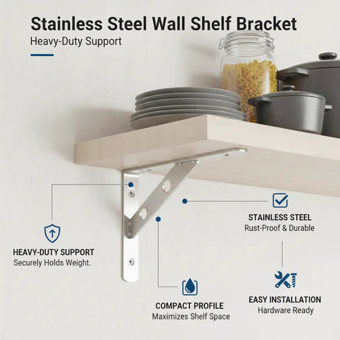Heavy Duty Wall Mount Shelf Bracket Stainless Steel L Bracket for kitchen support with silver finish in humid rooms