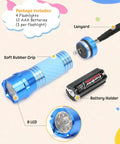 Four Pack High Power Glow In Dark Mini LED Flashlights Aluminum Body showing soft grip, lanyard, 9 LED head, and battery holder.