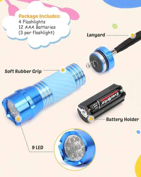 Four Pack High Power Glow In Dark Mini LED Flashlights Aluminum Body showing soft grip, lanyard, 9 LED head, and battery holder.