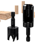 Flat Out Excellent Wood Plug Cutter Drill Bits Set With Quarter Inch Hex Shank showing 1/2 inch tapered and straight woodworking hole saw bits.