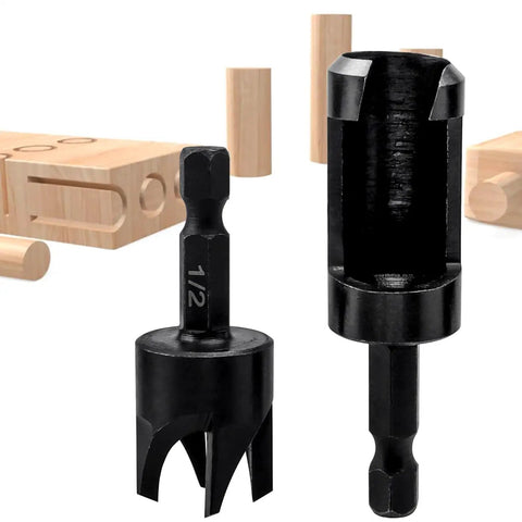 Flat Out Excellent Wood Plug Cutter Drill Bits Set With Quarter Inch Hex Shank showing 1/2 inch tapered and straight woodworking hole saw bits.