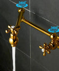 Brass Pot Filler Faucet Wall Mount With Folding Double Joint Swing Arms Titanium Gold Finish in use, water flowing down.