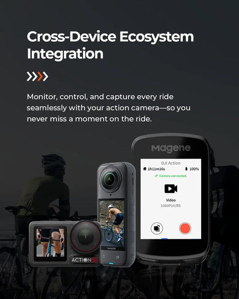 Pro GPS Bike Computer With 2.8 Inch Transflective Screen, 25 Hour Battery, showing cross-device ecosystem integration with action camera