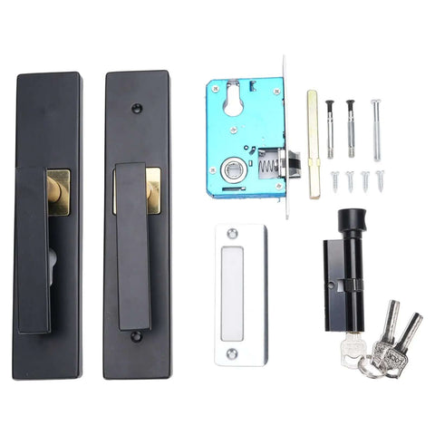 Hefty Keyed Entry Door Handle Set With Thick Reinforced Plate And Large Solid Knob, Heavy Duty Reversible Lever Lock Complete Kit For Front Exterior Doors Or Bedrooms, black metal with keys and screws