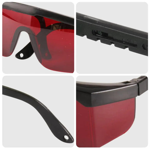 Top Shelf Red Laser Safety Glasses With Slick Visibility Boost And Flexible Adjustable Frames To Beat Eye Fatigue On Busy Job Sites Plus Comes With A Nifty Hard Shell Case, close-up of frame and lens details.