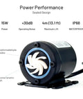 Close-up of High Flow 12V DC Water Circulation Pump with ultra-quiet brushless motor showing polyformaledehyde blades.