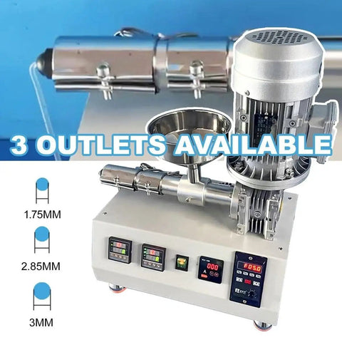 Badass Desktop 3D Printer Filament Extruder With 1000W Power, compact unit with three outlets for different filament sizes.