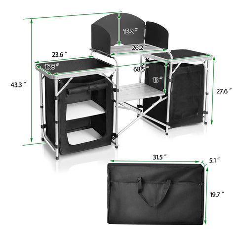 Folding Camping Kitchen Table With Windshield And Storage Cabinet, Portable setup with aluminum frame and dimensions shown