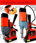 Compact Desktop Magnetic Drill Boasts Heavy-Duty Suction And Smooth Electric Forward Reverse Control For Industrial Tapping And Serious Grind Work On Your Home Shop Bench Or Job Site, showing controls and brass chute.