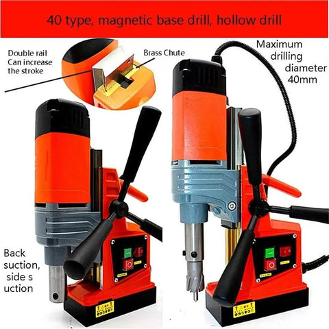 Compact Desktop Magnetic Drill Boasts Heavy-Duty Suction And Smooth Electric Forward Reverse Control For Industrial Tapping And Serious Grind Work On Your Home Shop Bench Or Job Site, showing controls and brass chute.