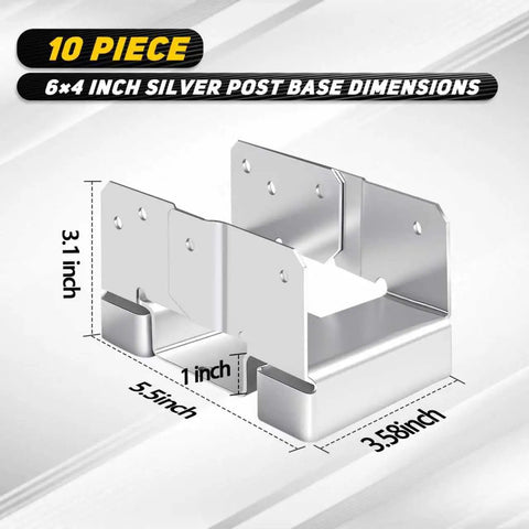 10 Pack 4x6 Post Base Brackets For Concrete Deck And Fence Post Anchor Base Holder Kit Heavy Duty Steel Silver Finish Weather Resistant Fits Standard 4x6 Posts Ideal For Balconies Fences Gazebos Pergolas