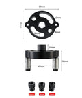Bulletproof Aluminum Self Centering Drill Guide Jig For Bullseye Hole Alignment showing dimensions and adapter fittings.