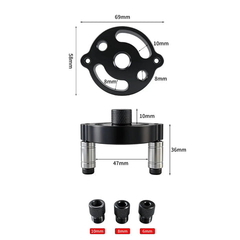 Bulletproof Aluminum Self Centering Drill Guide Jig For Bullseye Hole Alignment showing dimensions and adapter fittings.