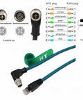 M12 X Code Ethernet Cable 8 Pin To RJ45 CAT7e Right Angle 90 Degree 1m Built For Cognex Keyence Basler Vision Camera Sensor PLC Router Industrial Automation And 3D Vision Gear, showing X-coded 8-pin and RJ45 connectors.