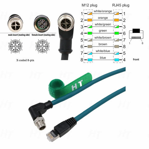 M12 X Code Ethernet Cable 8 Pin To RJ45 CAT7e Right Angle 90 Degree 1m Built For Cognex Keyence Basler Vision Camera Sensor PLC Router Industrial Automation And 3D Vision Gear, showing X-coded 8-pin and RJ45 connectors.