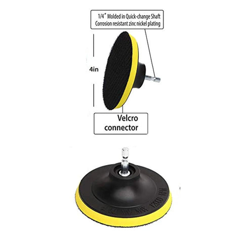 Drill Powered Tile Scrubber Kit with 4 inch Disc Pad Holder and Velcro connector, black and yellow design, close-up view