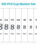Cup washers set, stainless finish, 295 pcs, sizes #4–#16 (25,25,30,45,50,60,60).