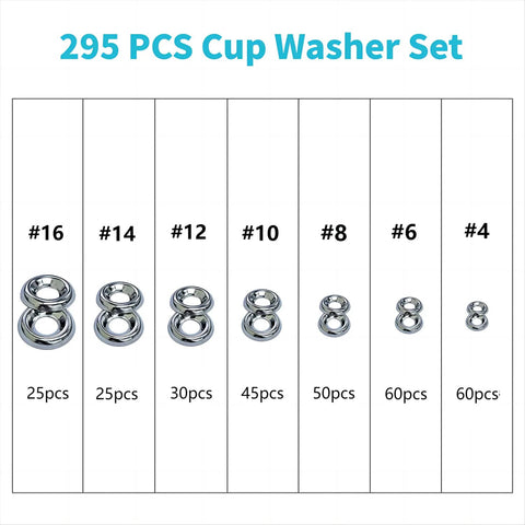 Cup washers set, stainless finish, 295 pcs, sizes #4–#16 (25,25,30,45,50,60,60).