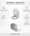 Heavy Duty Stainless Steel L Shaped Shelf Brackets Rock Solid Corner Support For Cabinets And Floating Shelves Home Reno Powerhouse Includes Mounting Screws Snag This Ten Pack Size 5.9 By 4.7 Inches image of brackets with screws and details.