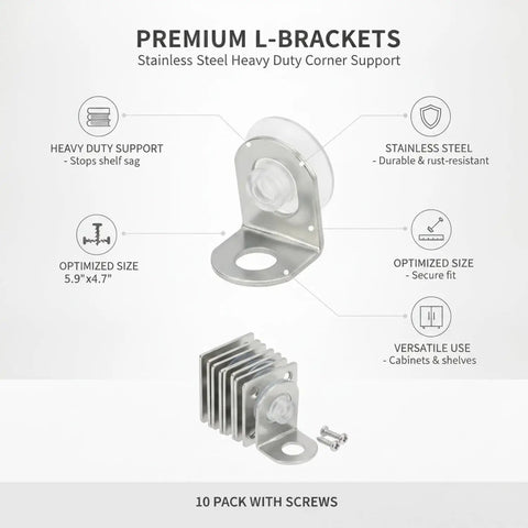 Heavy Duty Stainless Steel L Shaped Shelf Brackets Rock Solid Corner Support For Cabinets And Floating Shelves Home Reno Powerhouse Includes Mounting Screws Snag This Ten Pack Size 5.9 By 4.7 Inches image of brackets with screws and details.