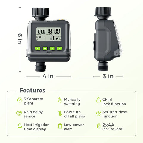 Sprinkler Timer For Garden Hose, No Fuss Programmable Watering Scheduler With Rain Delay, product dimensions and features