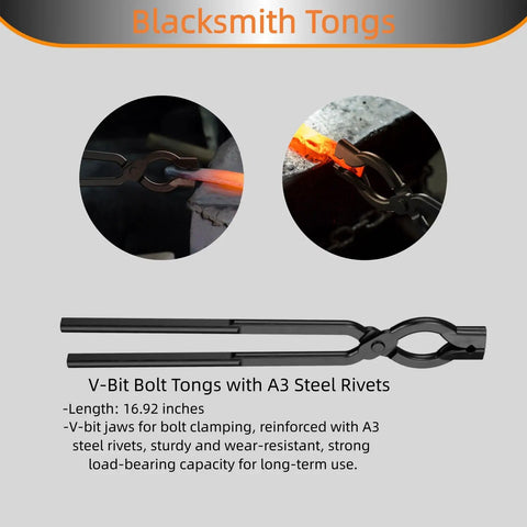 Hardcore Blacksmith Tongs Set 17 Inch Carbon Steel with V-bit jaws clamping hot metal, durable and wear-resistant design.