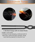 17 Inch Carbon Steel Blacksmith Tongs Set, V-bit bolt and A3 steel rivets for precise metalwork, heavy duty metalworking tools.