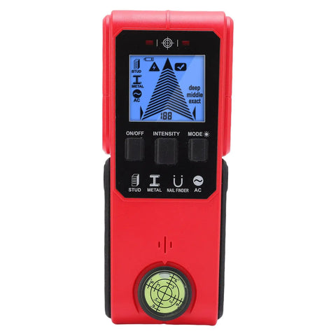 FTVOGUE Wall Stud Finder with Metal Wood AC Wire Detection, Handheld, red device showing live detection screen