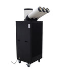 Kickin Out Frosty Air Heavy Duty Industrial Evaporative Cooler 22500 BTU 220V Portable Air Conditioner Fan in black with dual air outlets.