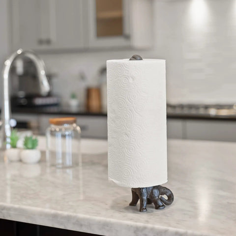 Rustic Cat Paper Towel Holder In Gold Metal Free Standing Floor Or Countertop Stand on marble kitchen counter