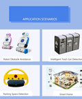 Application scenarios showing robot obstacle avoidance, intelligent trash can detection, parking space detection, and smart home setup.