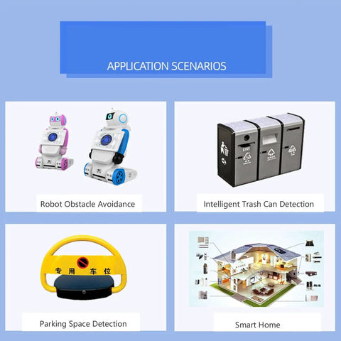 Application scenarios showing robot obstacle avoidance, intelligent trash can detection, parking space detection, and smart home setup.