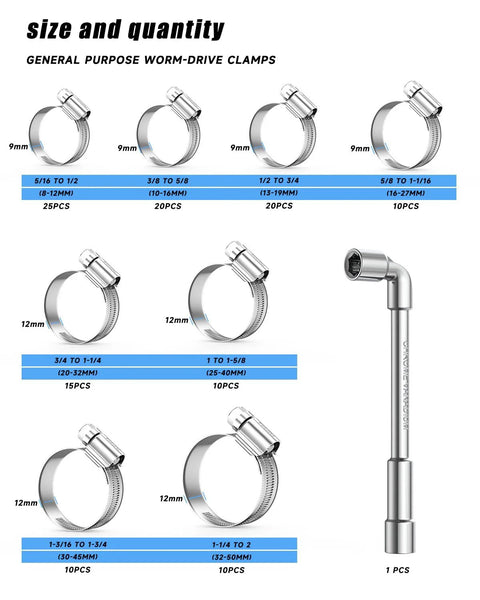Front view of a 120-piece stainless steel worm-drive hose clamp set (8–50mm) with clamp driver