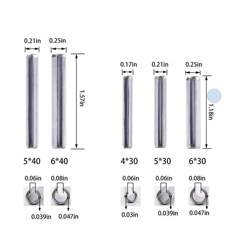 120 Piece Spring Pin Kit In 5 Sizes 304 Stainless Steel Slotted Roll Pins GB879 For Do It Yourself Home Improvement And Automotive Repair, Includes 4x30mm 5x30mm 5x40mm 6x30mm 6x40mm, Pro Grade Handy Garage Ready SAE Roll Pin Assortment, showing different pin sizes with measurements.