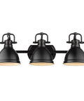 Three Light Matte Black Bath Vanity Fixture From Duncan Collection With Matte Black Shades, front view, 24 Inch Wide