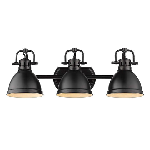 Three Light Matte Black Bath Vanity Fixture From Duncan Collection With Matte Black Shades, front view, 24 Inch Wide