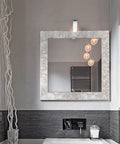Peel And Stick Backsplash With Natural Mother Of Pearl Mosaic Shell Tiles, seen on mirror frame in modern bathroom decor.
