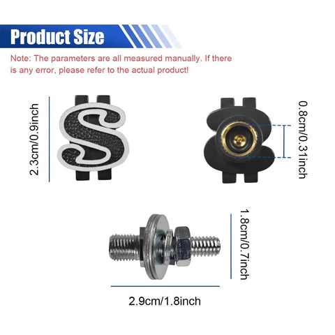 Fresh Ride Upgrades Four Piece Set Of Dope Black Us Dollar Car License Plate Screws dimensions showing steel and ABS materials.