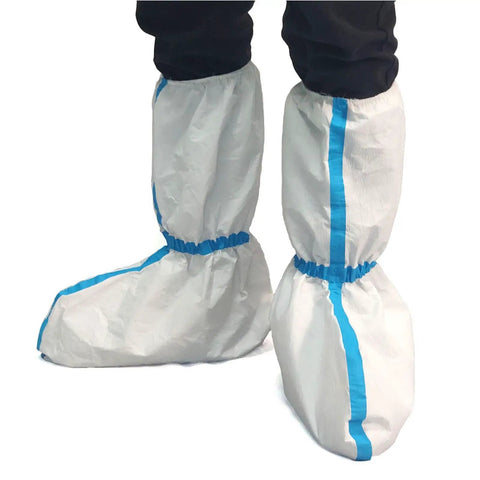 Disposable Hazmat Boot Covers Knee High White 18 Inch Tall Non Slip Sole Waterproof And Fluid Resistant Breathable Microporous Polypropylene