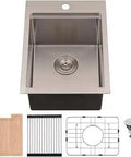 15 Inch Drop In Bar Sink Workstation With 15 By 20 Inch Topmount Single Bowl In 16 Gauge Stainless Steel 10 Inch Deep Handmade Kitchen Sink Includes Cutting Board And Strainer And Built In Accessory Tracks For Prep And Drying