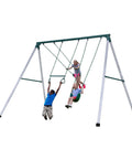 Children playing on Big Brutus Galvanized Steel Swing Set Kit With Classic A Frame Two Belt Swings Trapeze Bar Easy Assembly