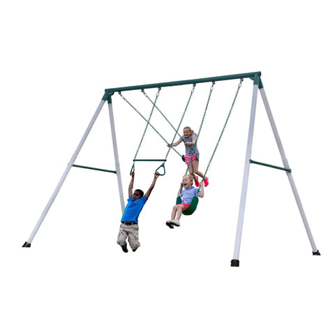Children playing on Big Brutus Galvanized Steel Swing Set Kit With Classic A Frame Two Belt Swings Trapeze Bar Easy Assembly