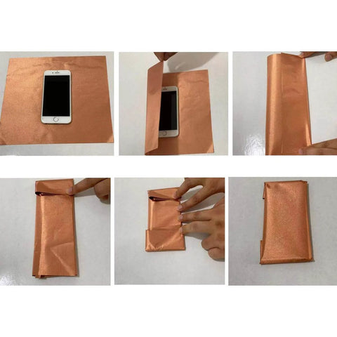 Real Talk Copper Faraday Fabric For EMI Shielding Gold Color Blocking Cloth wrapping phone for RF and LF protection demonstration